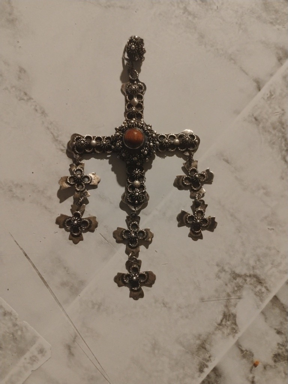 Vintage-Inspired Silver Cross Pendant with Brown Center Stone Taxco Mexico